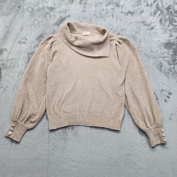 Stitch by Chenault Sweater Womens M Tan Chenille Knit Pearl Buttons Puff Sleeves - Picture 1 of 9